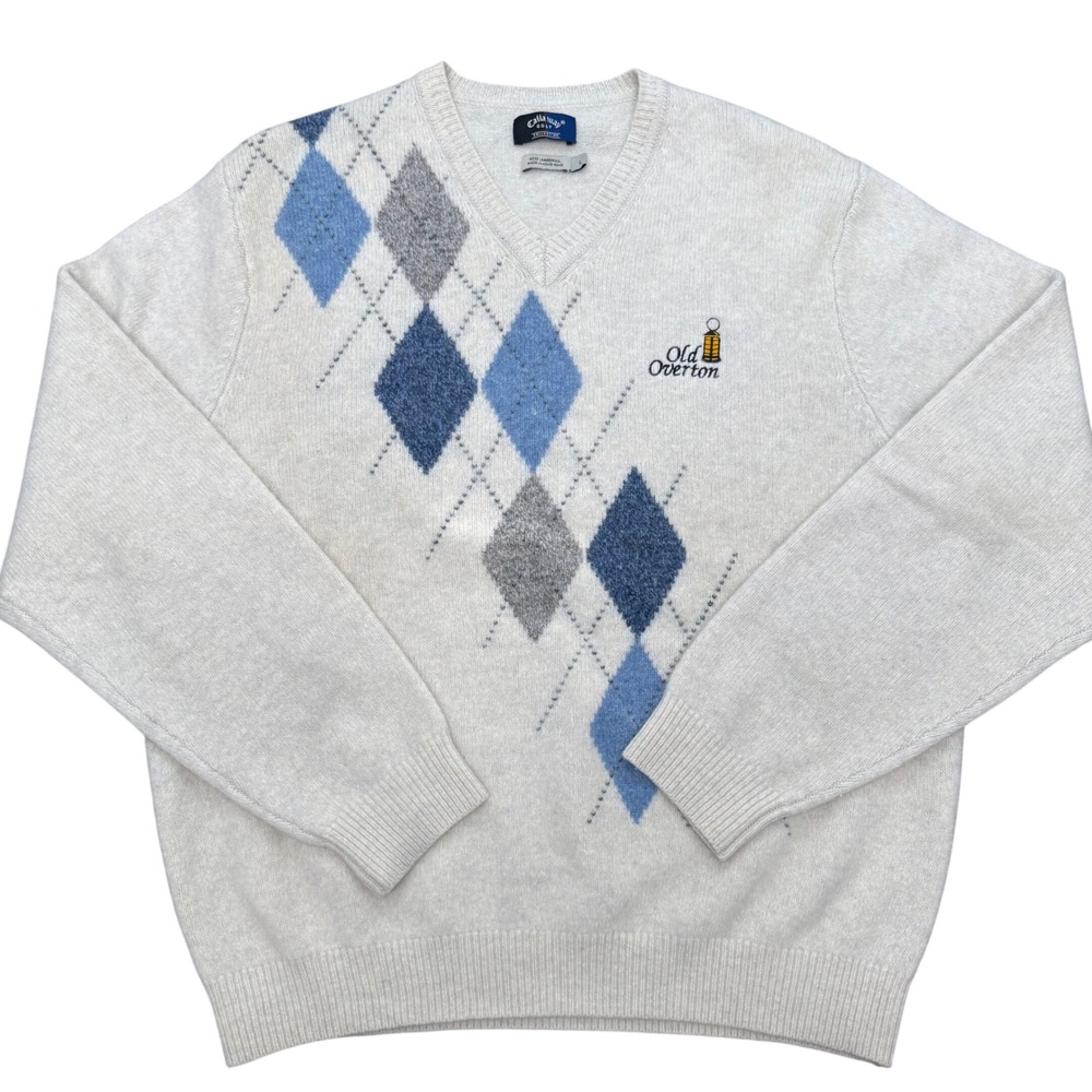 Callaway Golf Sweater Mens Large Cream Argyle 100%‎ Lambswool V-Neck Old Overton